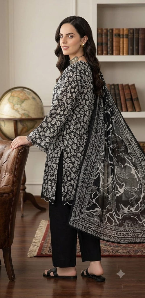 Unstitched 3 Piece Lawn Suit – Elegant Black & White